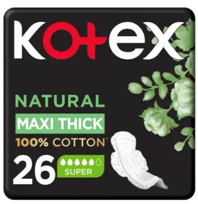Kotex natural maxi thick 100% 26 cotton super pads