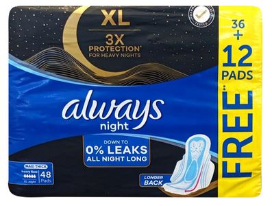 Always Night Maxi Thick XL Sanitary Pads with Wings 48 pcs